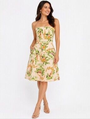 Zinc Strapless Hawaiian Pinup Print Dress Pockets Size 11 USA